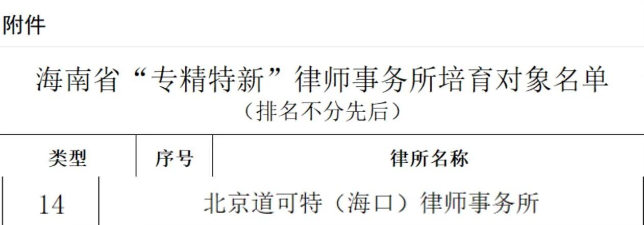 道可特海口办公室入选海南省“专精特新”律师事务所培育对象名单