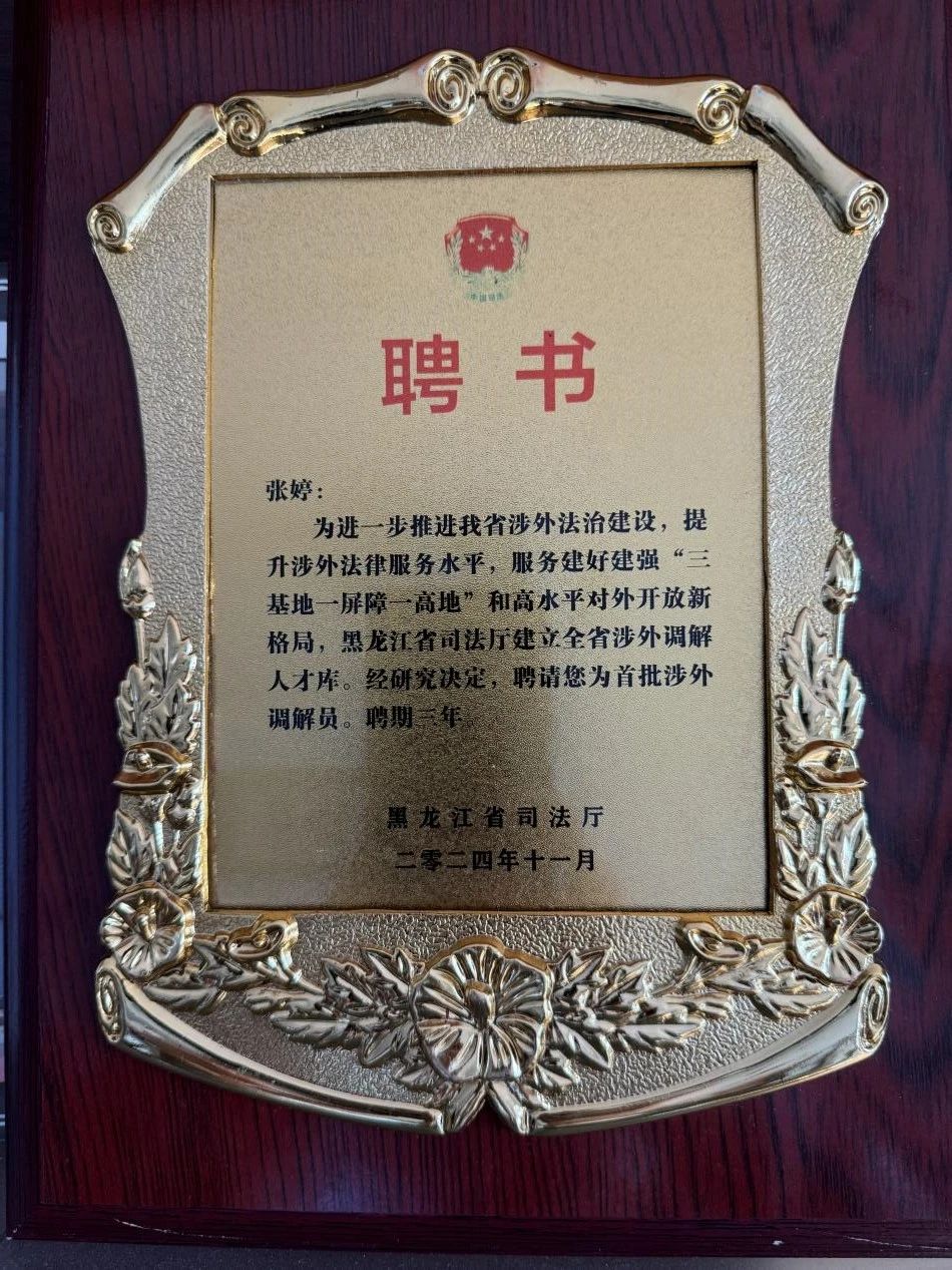 荣誉丨道可特张婷律师被黑龙江省司法厅聘任为首批涉外调解员